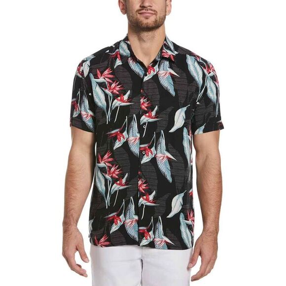 Cubavera Tropical Shirt Mens Jet Black Floral-Print Short Sleeve Button Up MKL84 - Picture 1 of 9